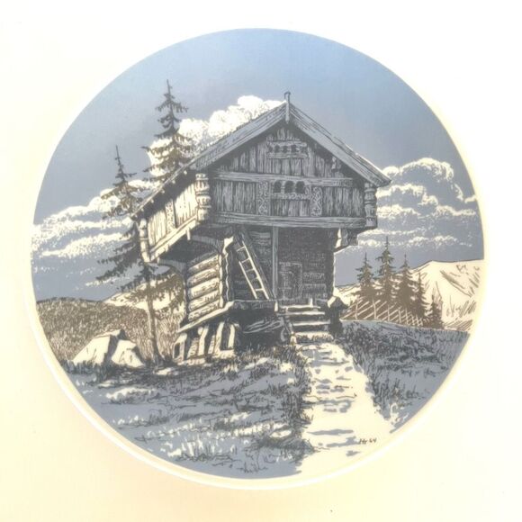 Vintage 1964 Porsgrund Norway Blue & White Winter Log Cabin 7" Collectors Plate - Picture 1 of 10